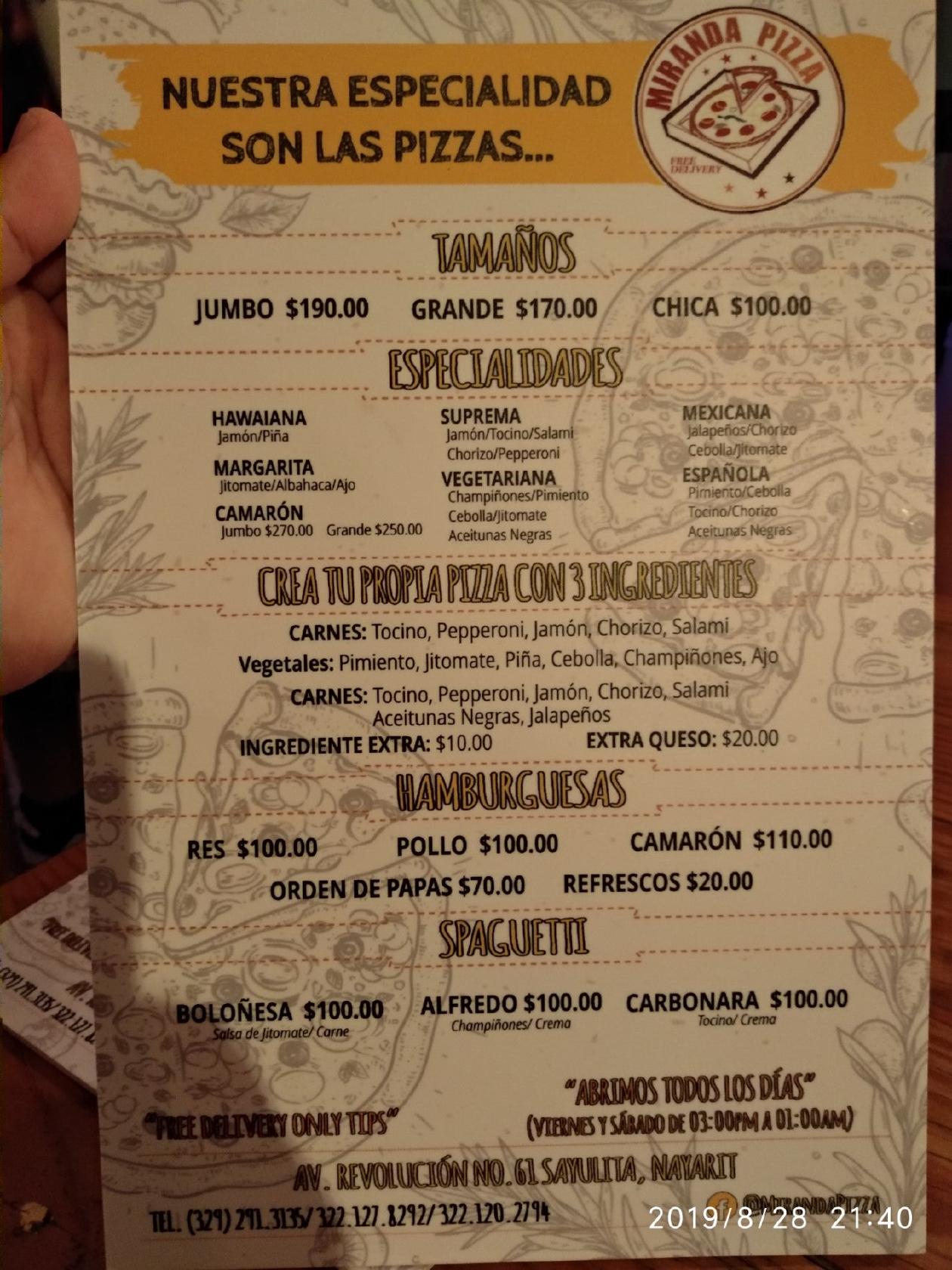 Menu At Miranda Pizza Restaurant Sayulita