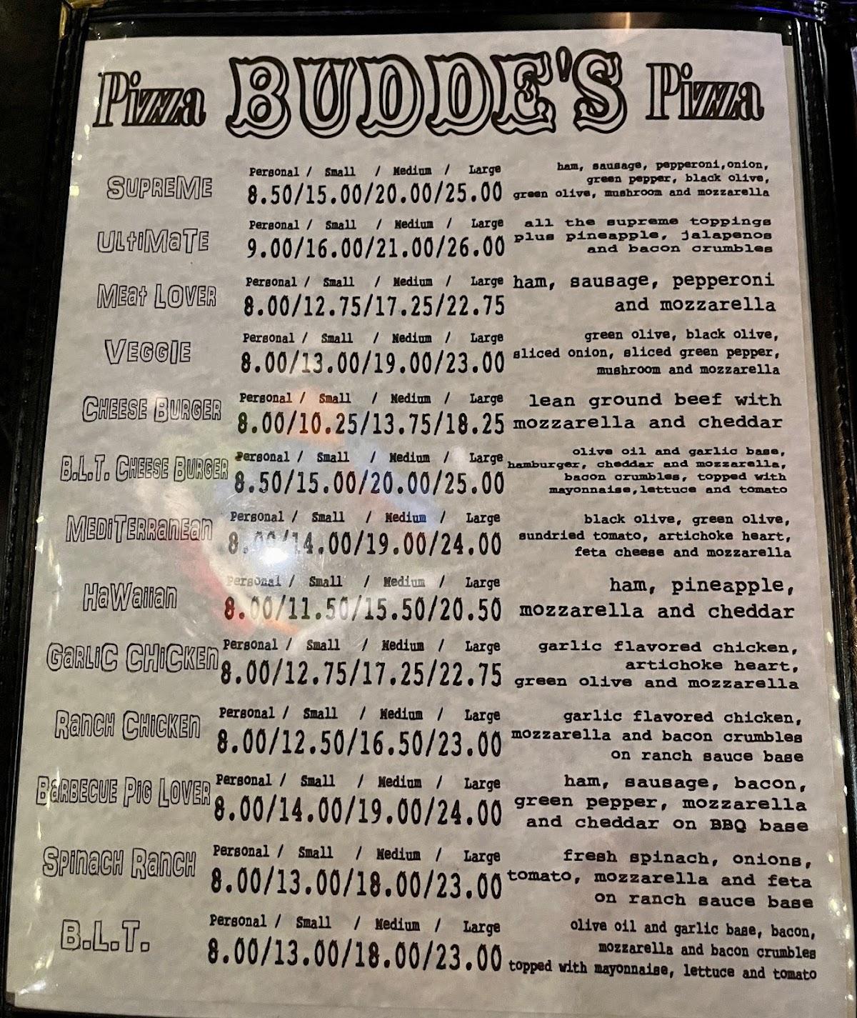 Menu at Budde's Pizza & Spirits pub & bar, Galesburg