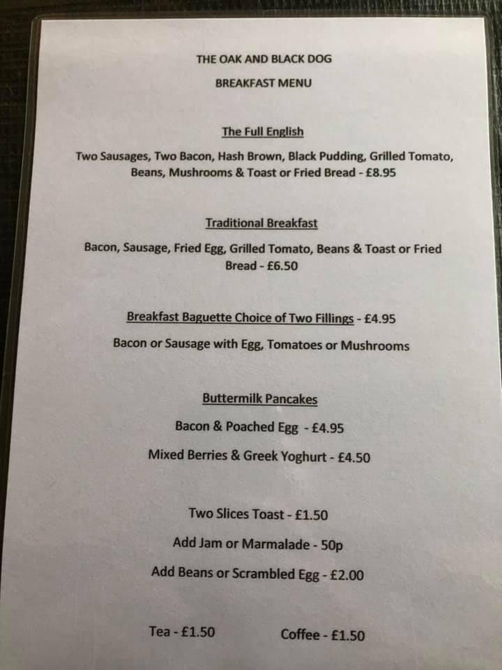 Menu at Oak and Black Dog pub & bar, StrettononDunsmore, 36 Brookside