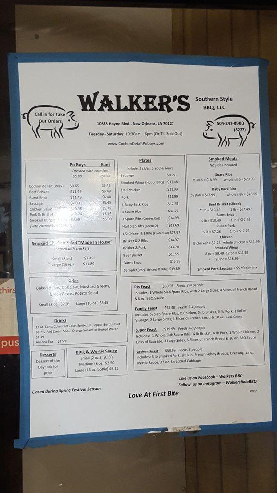 Menu at Walker's BBQ, New Orleans