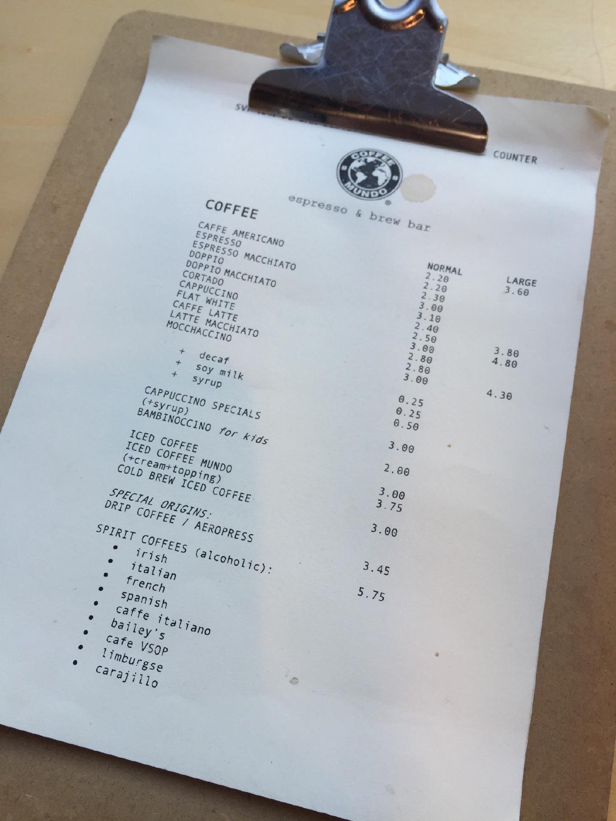 Speisekarte von COFFEE MUNDO espresso & brew bar, Sittard, Markt 3