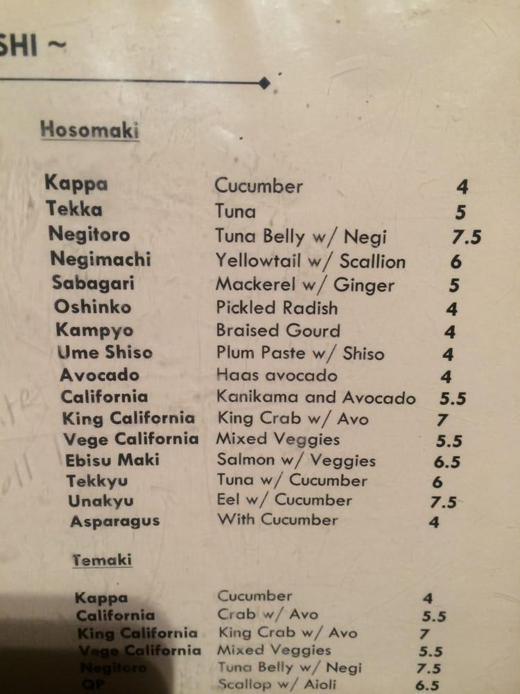 Menu at Ebisu Restaurant, San Francisco, 9th Ave