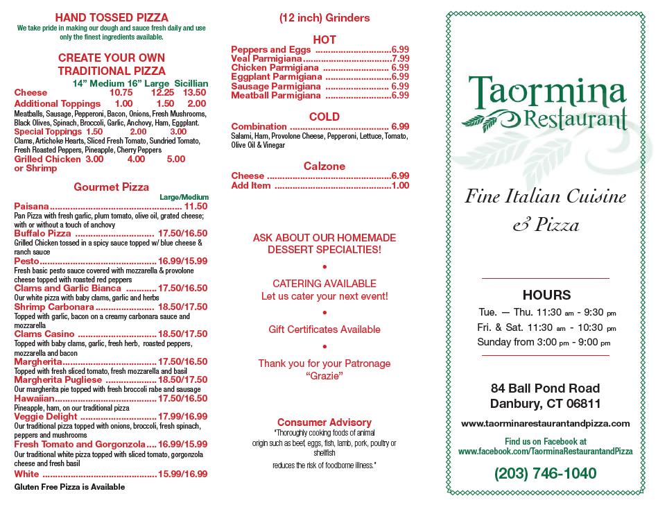 Menu at Taormina Restaurant and Pizza, Danbury