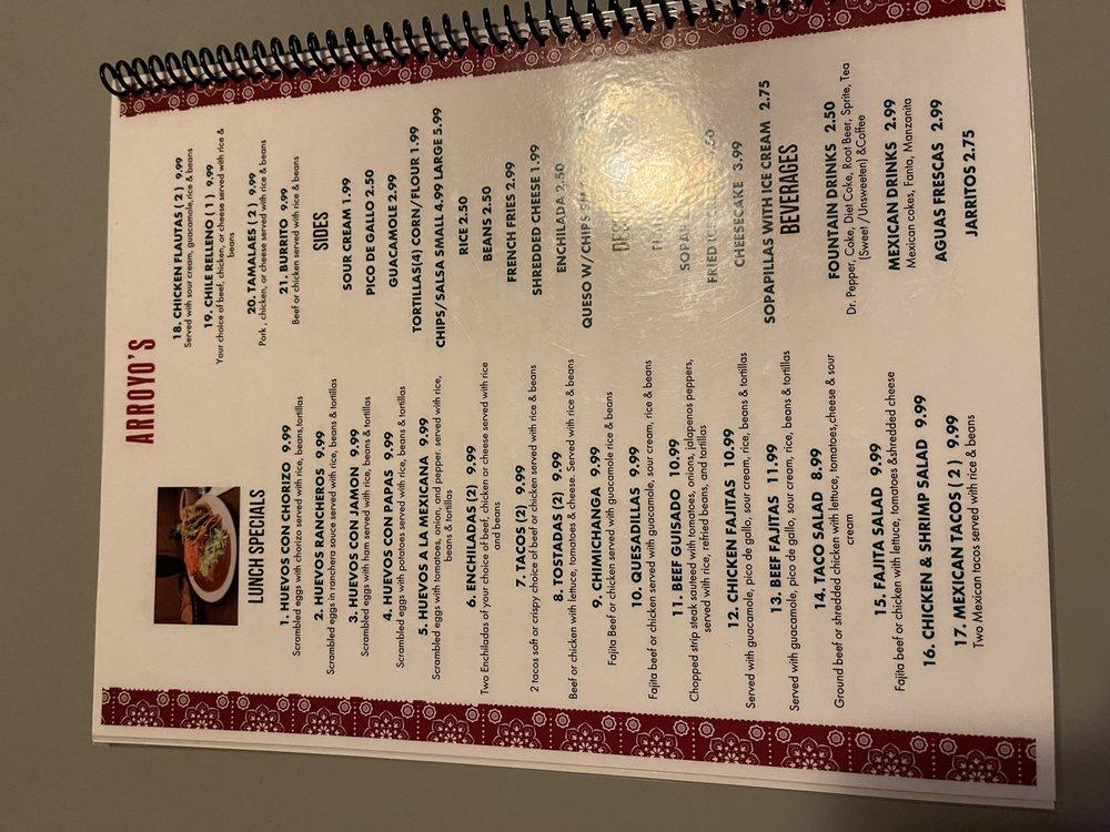 Menu at Arroyo’s Mexican Restaurant Van Alstyne, Van Alstyne