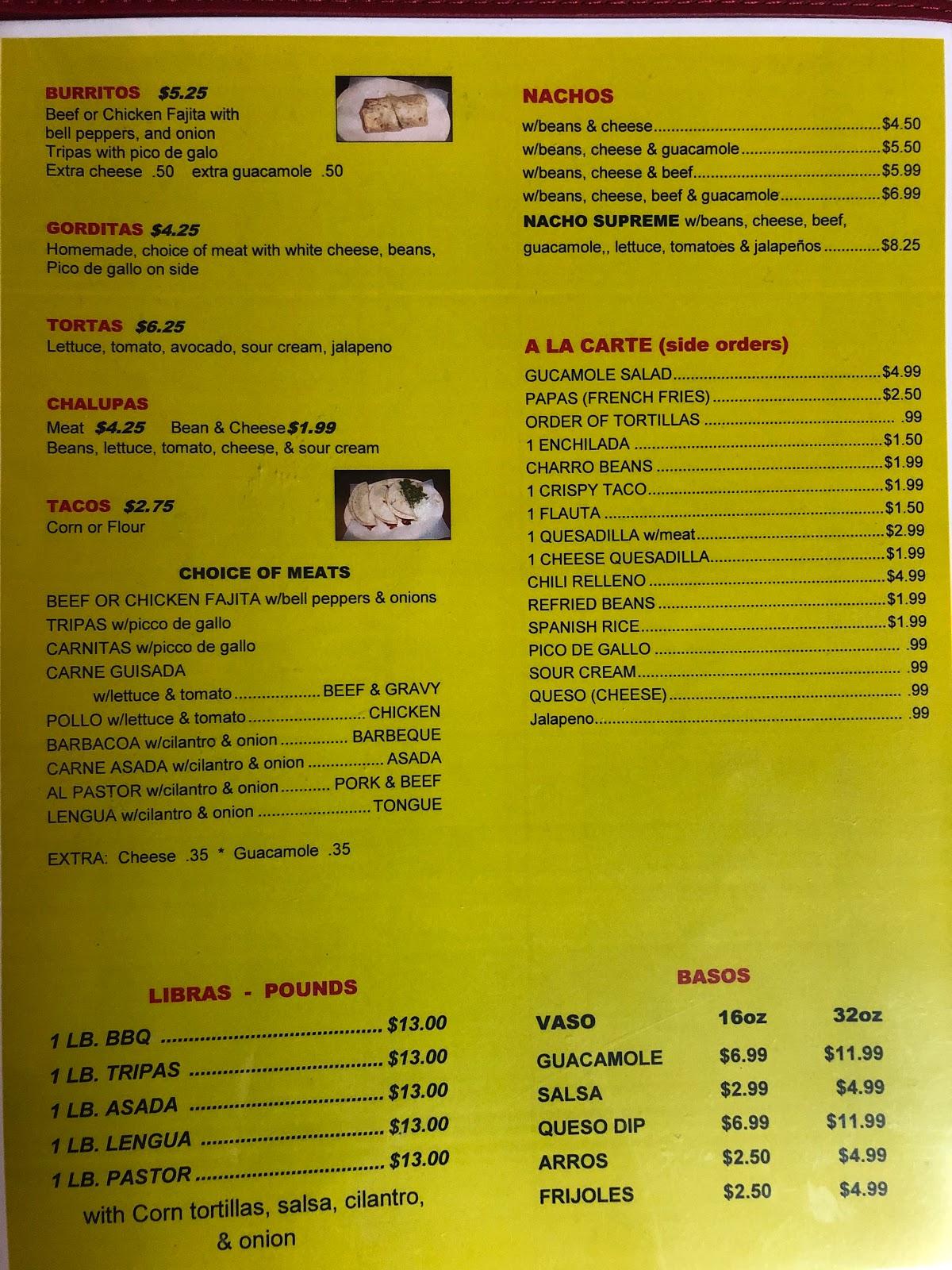 Menu at Taqueria Jesus Maria restaurant, Brownfield, 907 Lubbock Rd