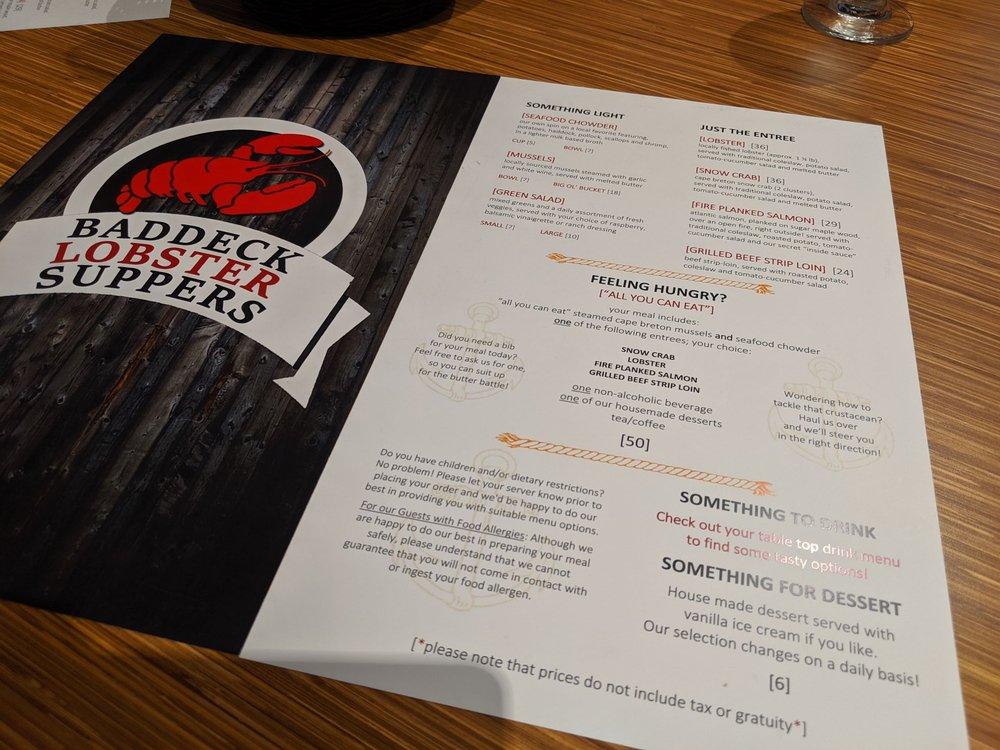 Menu at Baddeck Lobster Suppers restaurant, Baddeck