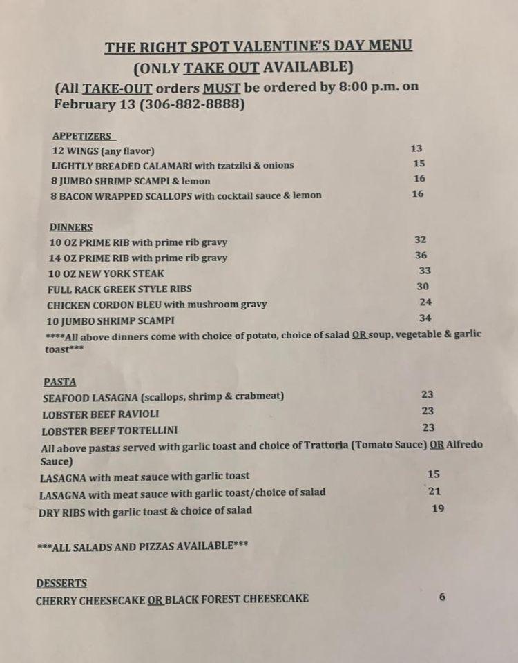 Menu at The Right Spot & Grill restaurant, Rosetown