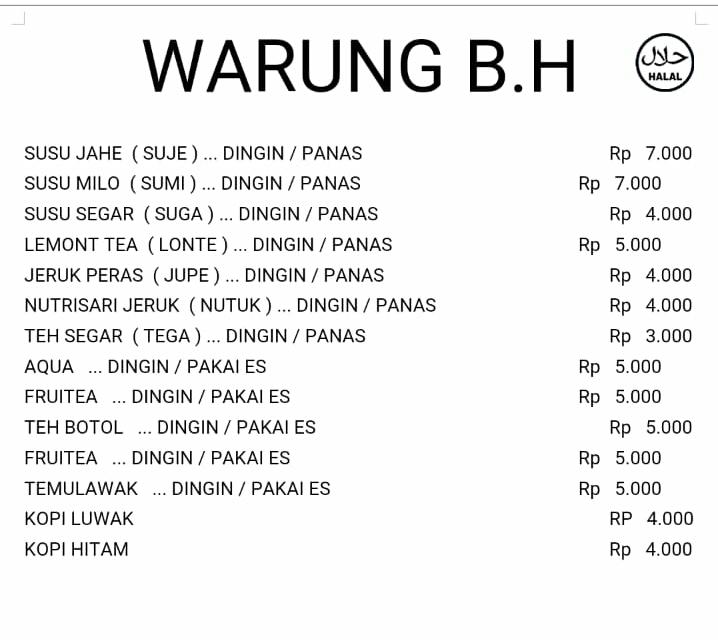 Menu at lalapan warung BH restaurant, Abiansemal