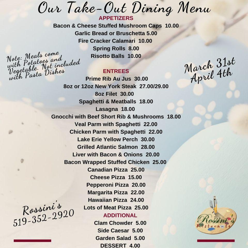 Menu au Rossinis restaurant, Chatham-Kent