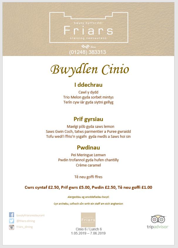 Menu at Bwyty Friars Restaurant, Bangor