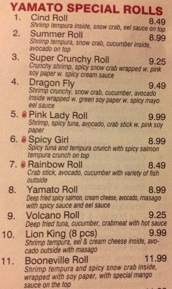 Menu at Yamato Steak House Of Japan steakhouse, Corinth
