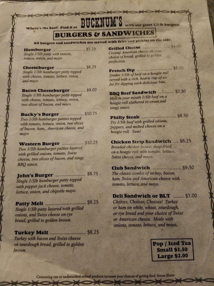 Menu at Bucknum's pub & bar, Heppner