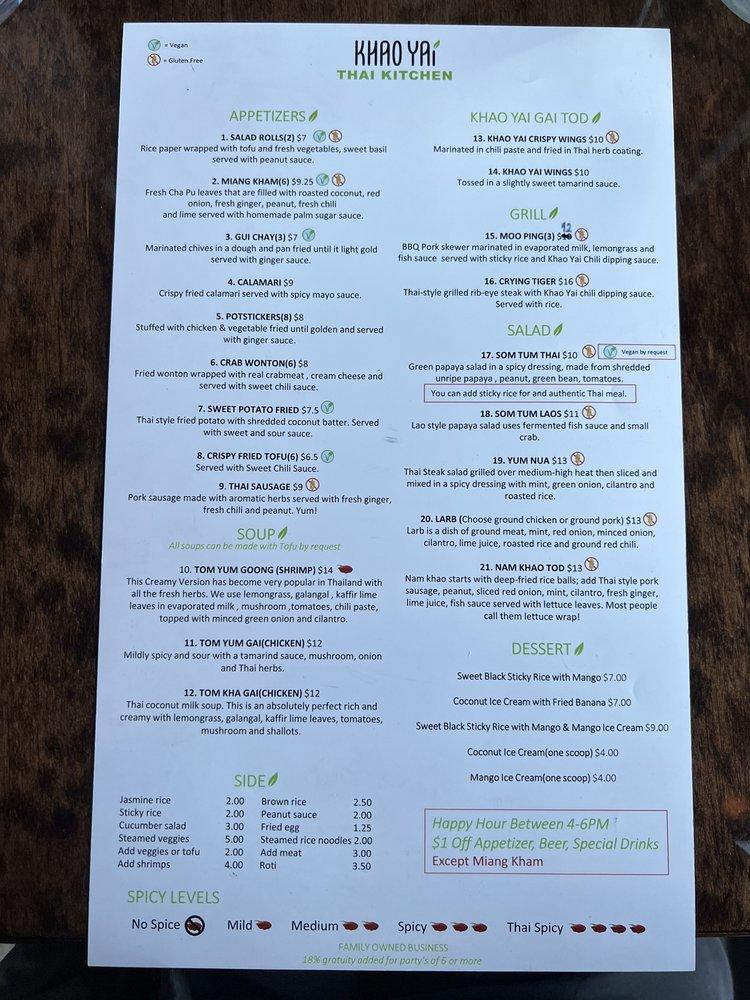 Menu at Khao Yai Thai Kitchen pub & bar, Beaverton