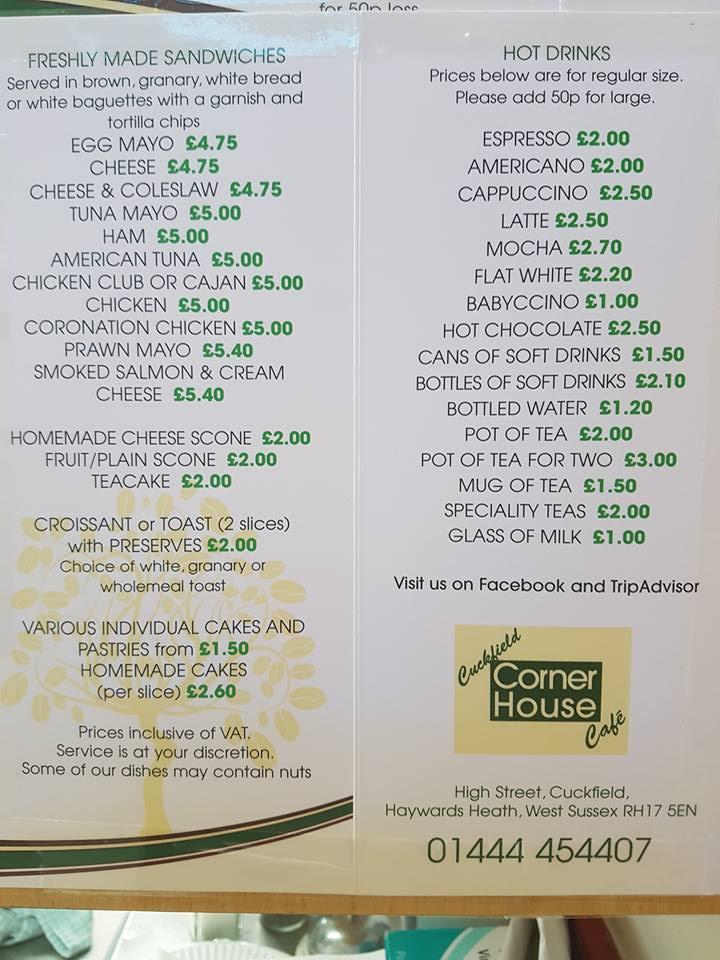 Menu at Cuckfield Corner House Cafe, Haywards Heath