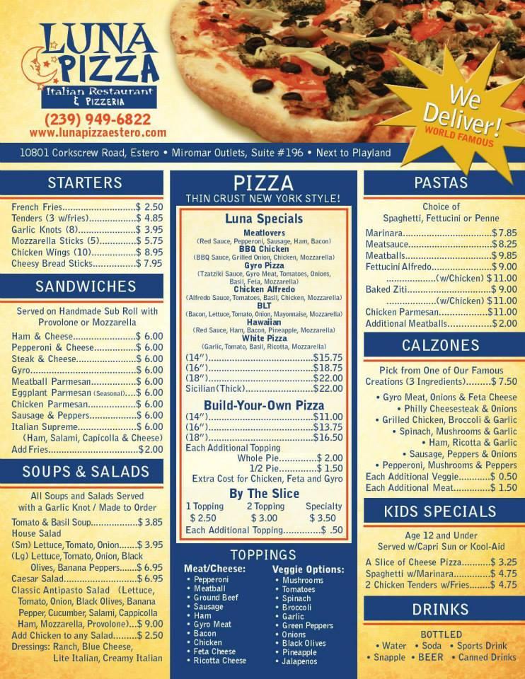 Menu at Luna Pizza pizzeria, Estero