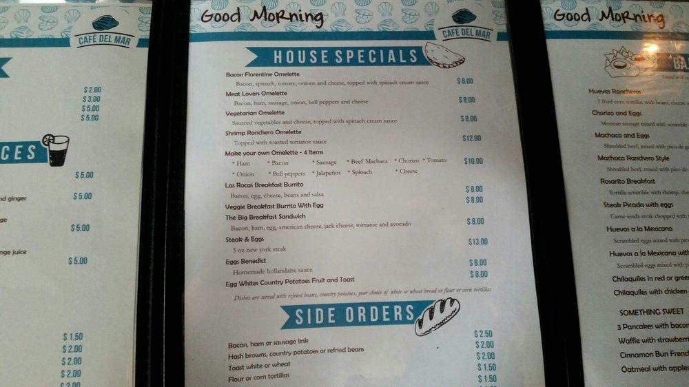 Menu at Cafe del Mar, Rosarito, Carretera Libre TijuanaEnsenada Km. 38