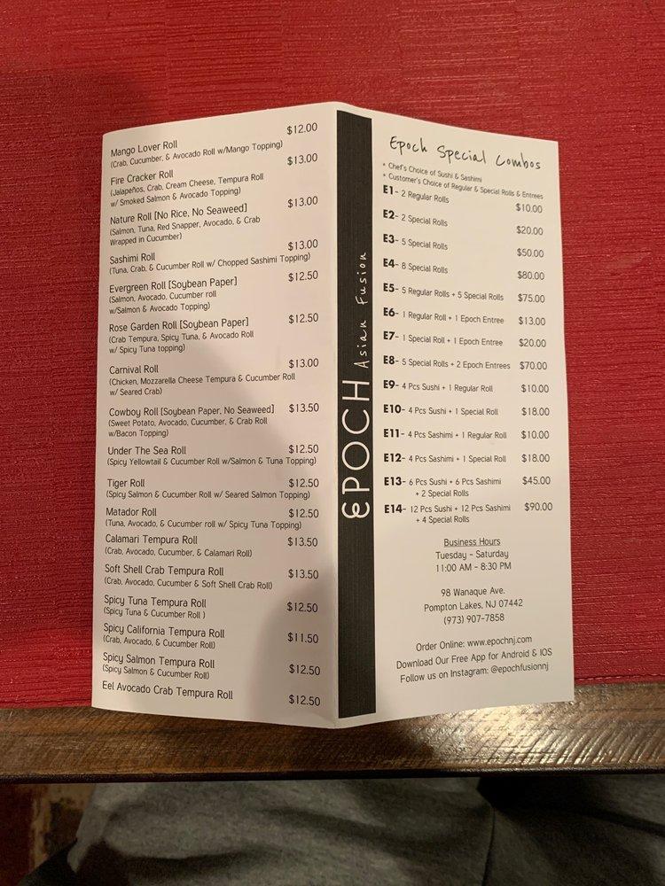 Menu At Epoch Asian Fusion Restaurant Pompton Lakes 4410