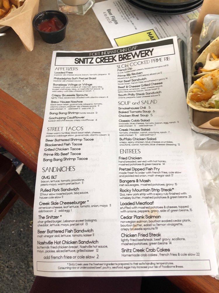 Menu at Snitz Creek Brewery restaurant, Fort Indiantown Gap