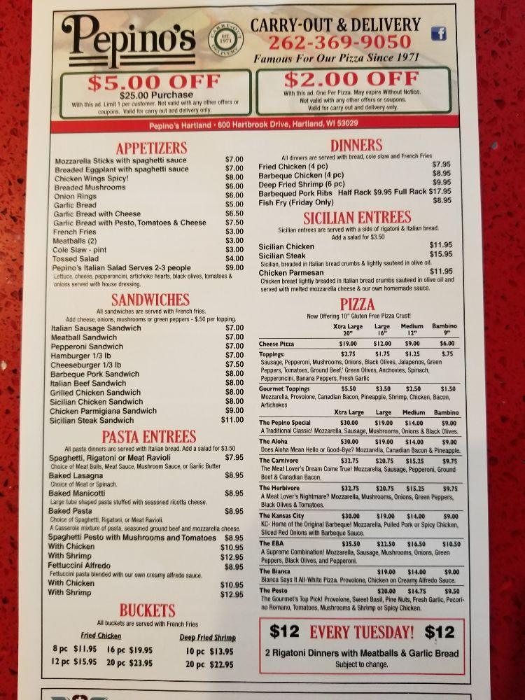 Menu at Pepino's Pizza & Ristorante pizzeria, Hartland