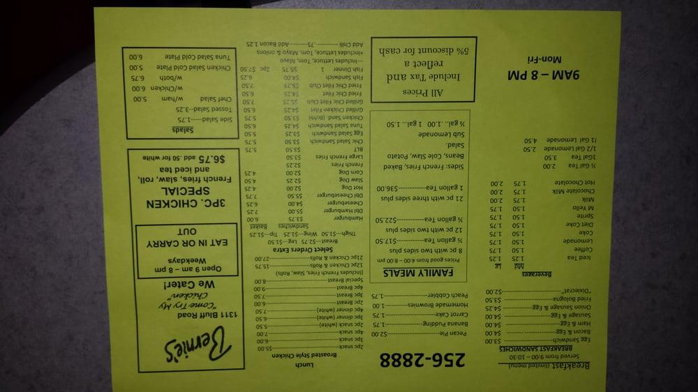 Menu at Bernie's Chicken restaurant, Columbia