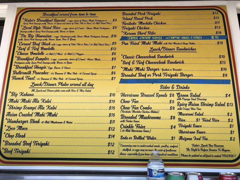 Menu at Kaleis Lunchbox Kahului restaurant, Kahului