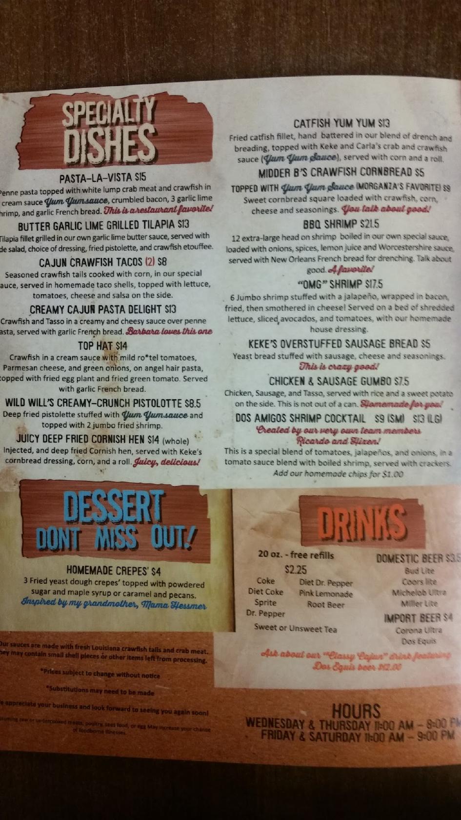 Menu at Stephens Heads or Tails Restaurant, Marksville