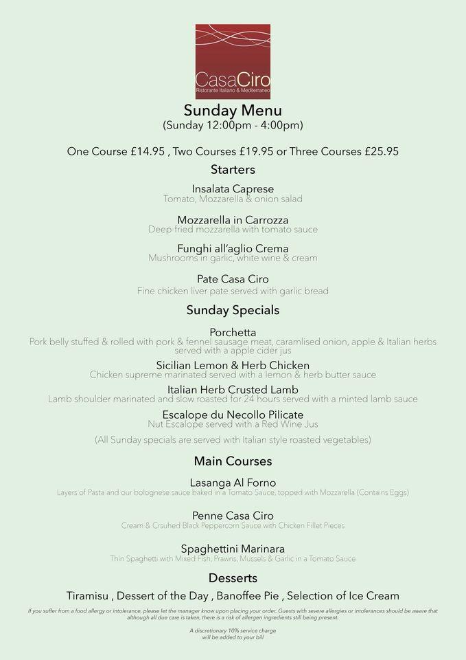 Menu at Casa Ciro restaurant Worthing