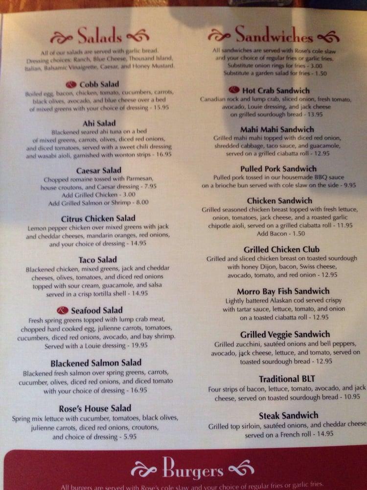 Menu at Rose's Bar and Grill, Morro Bay
