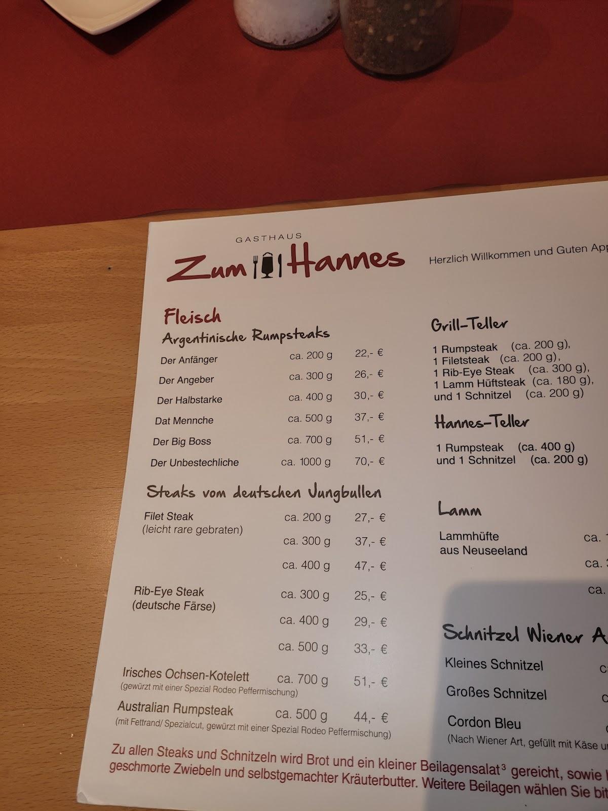 Speisekarte von Gaststätte zum Hannes steakhaus Welschneudorf