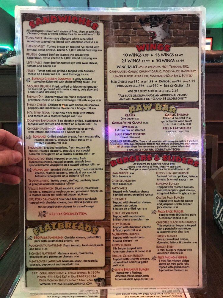 Menu at Lefty's Tavern & Grill pub & bar, Coral Springs