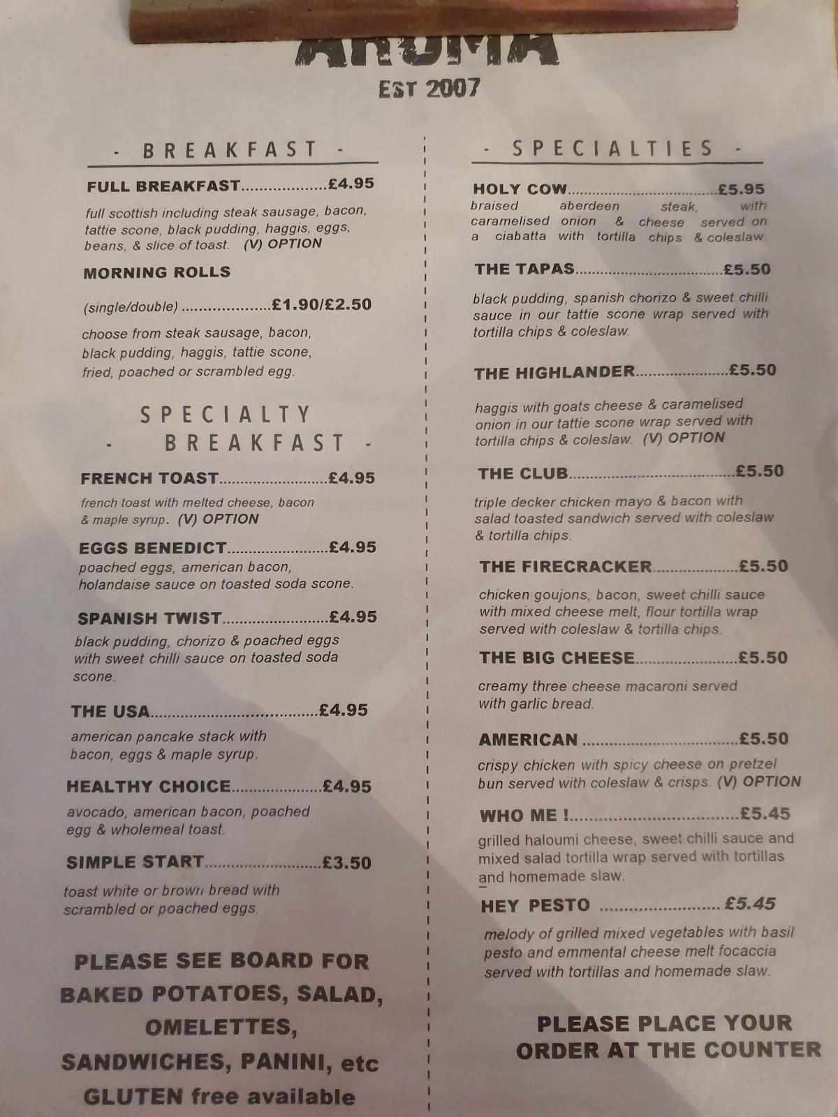 Menu at Aroma wellness cafe, Larkhall