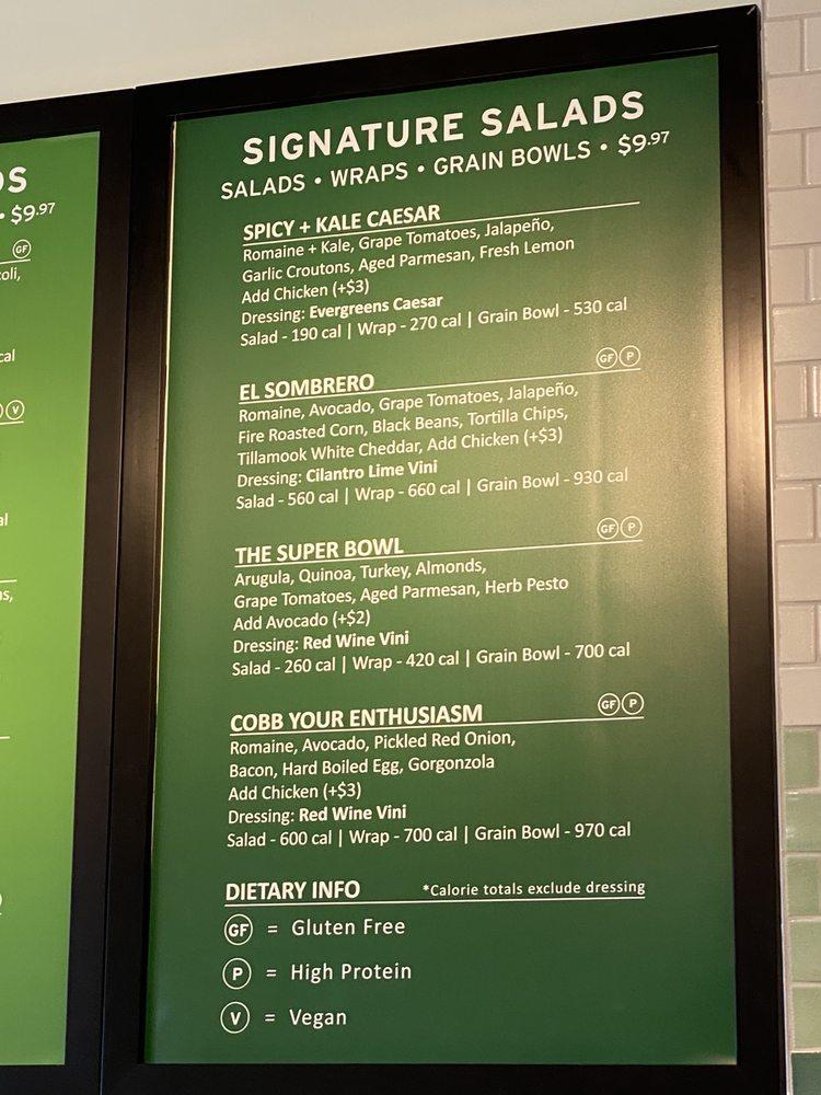 Menu at Evergreens restaurant, Beaverton