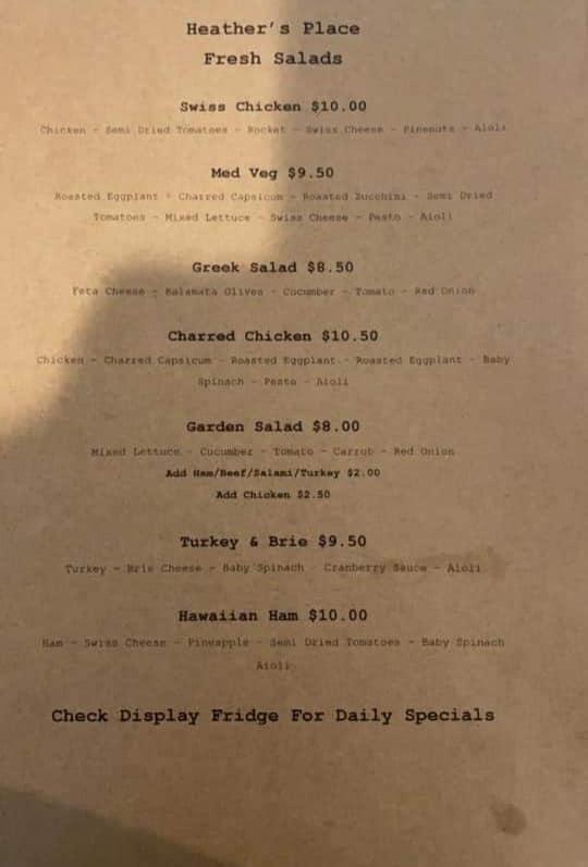 Menu at Heather's Place cafe, Lemon Tree Passage