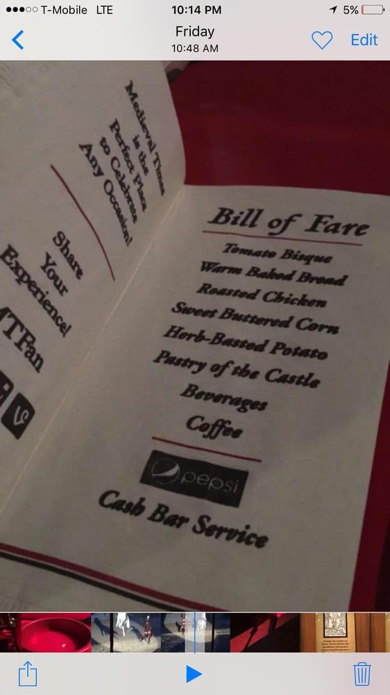 Menu at Medieval Times Dinner & Tournament restaurant, Dallas