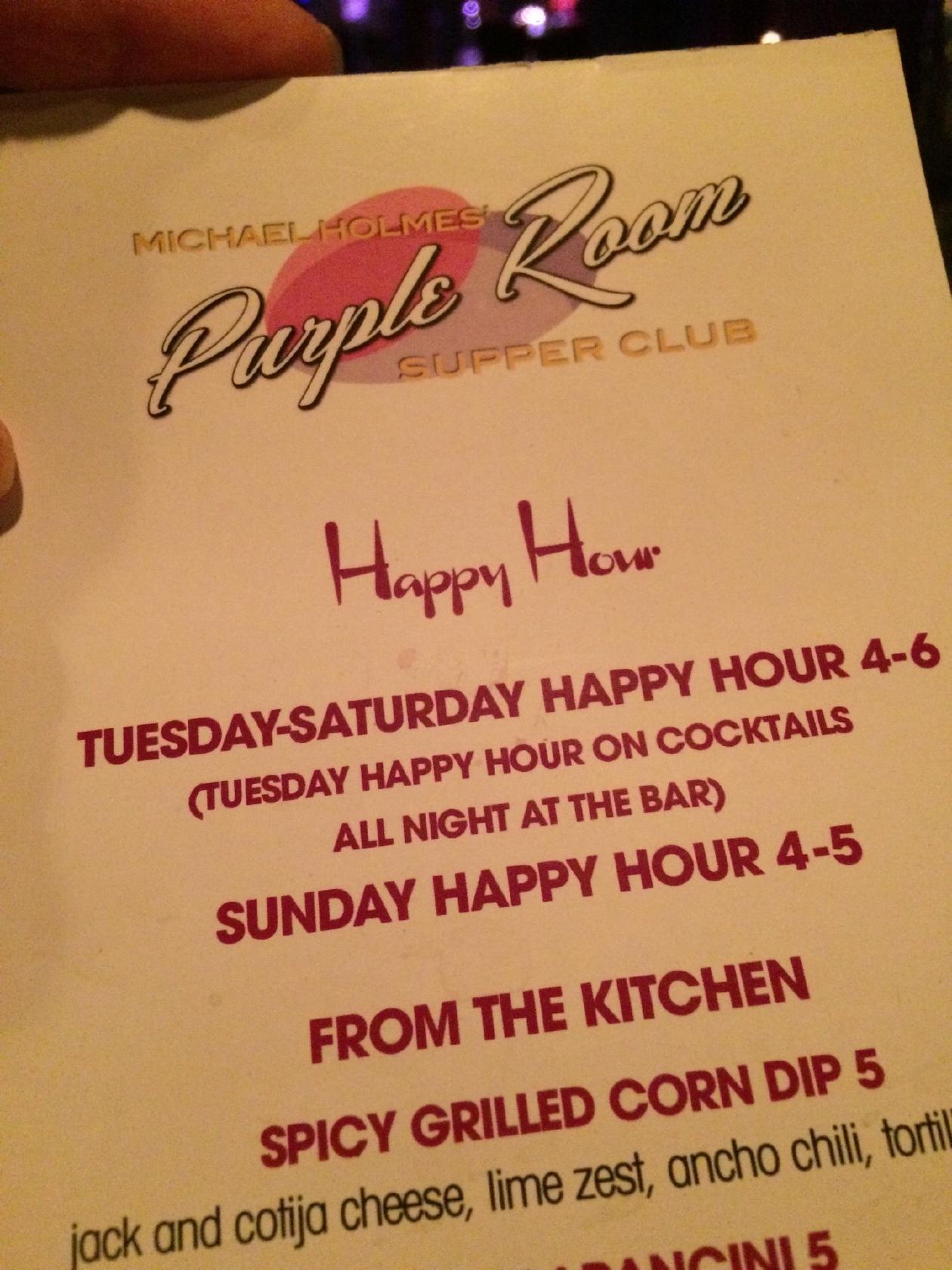 Menu at The Purple Room Supper Club, Palm Springs, E Palm Canyon Dr