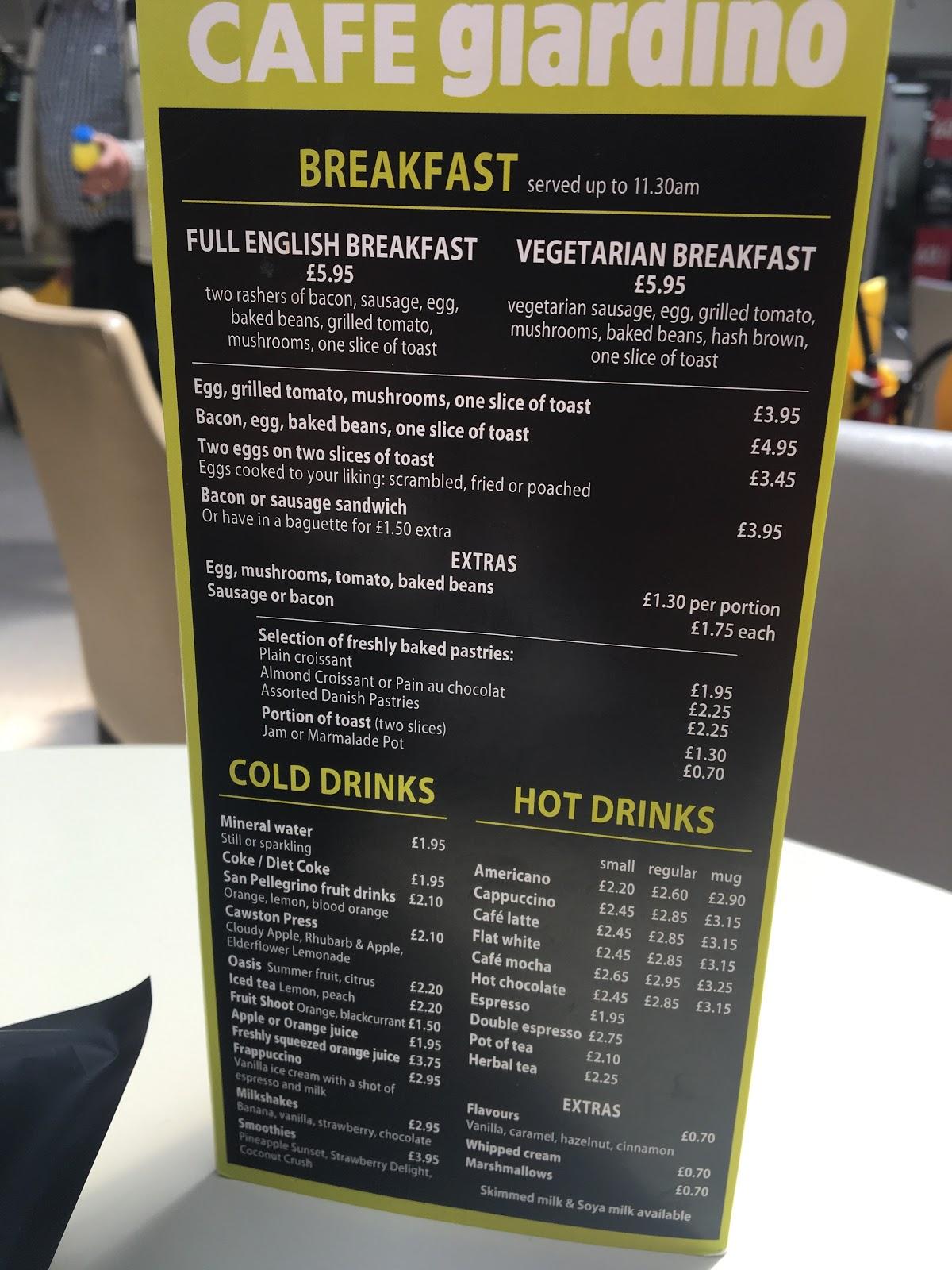 Menu at Cafe Giardino, Hatfield, The Galleria