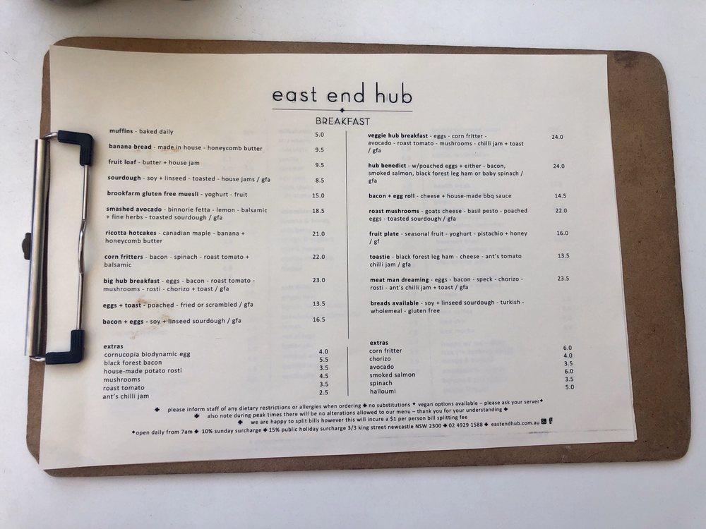 Menu at East End Hub restaurant, Newcastle