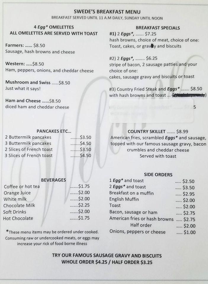 Carta de Swedes Restaurant, Mulliken