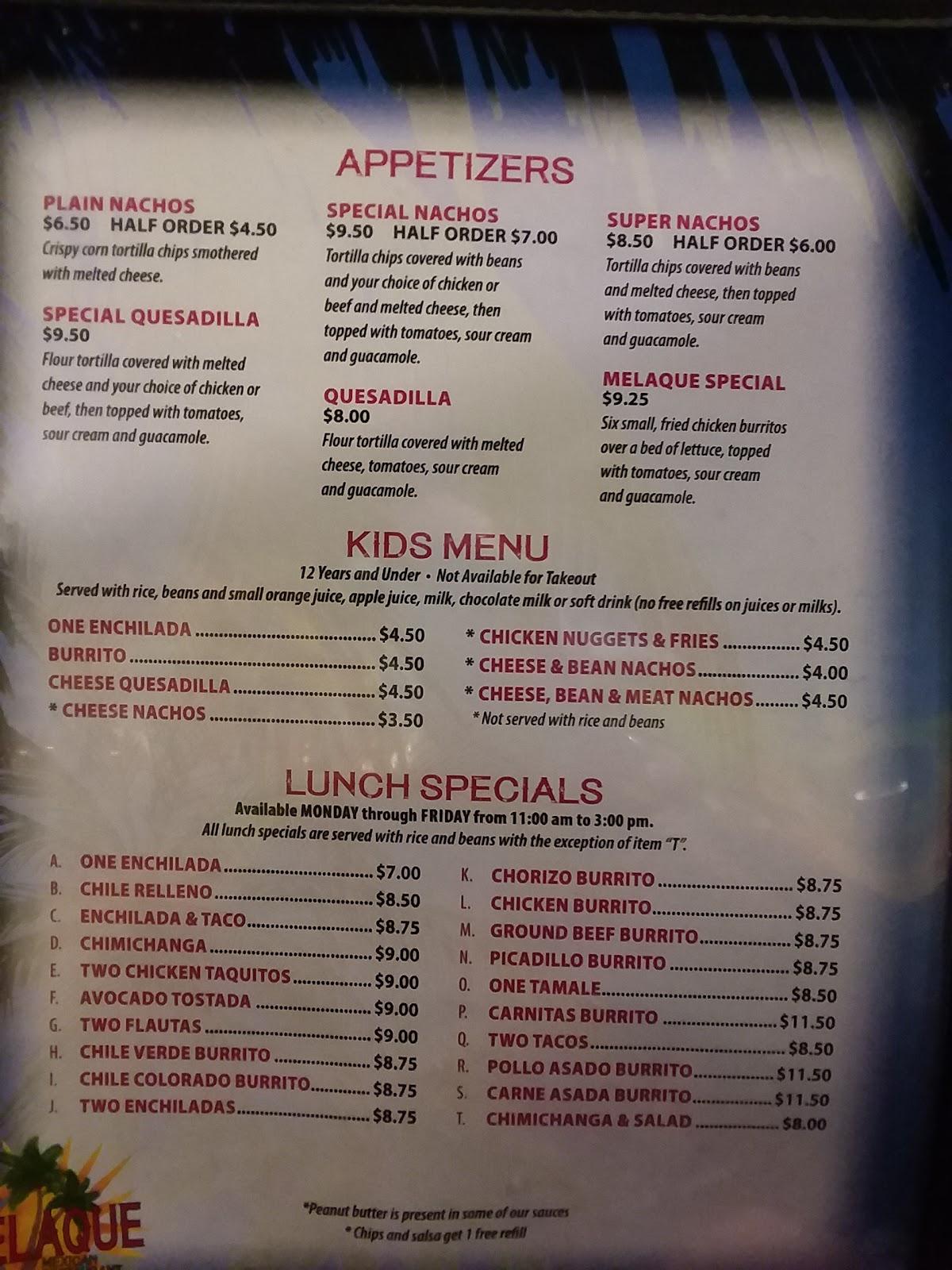 Menu at Melaque Mexican Restaurant, Helena