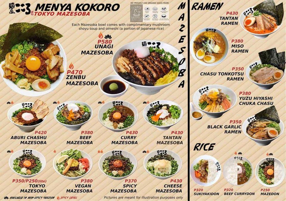 Menu at Menya Kokoro Mazesoba and Ramen restaurant, Taguig