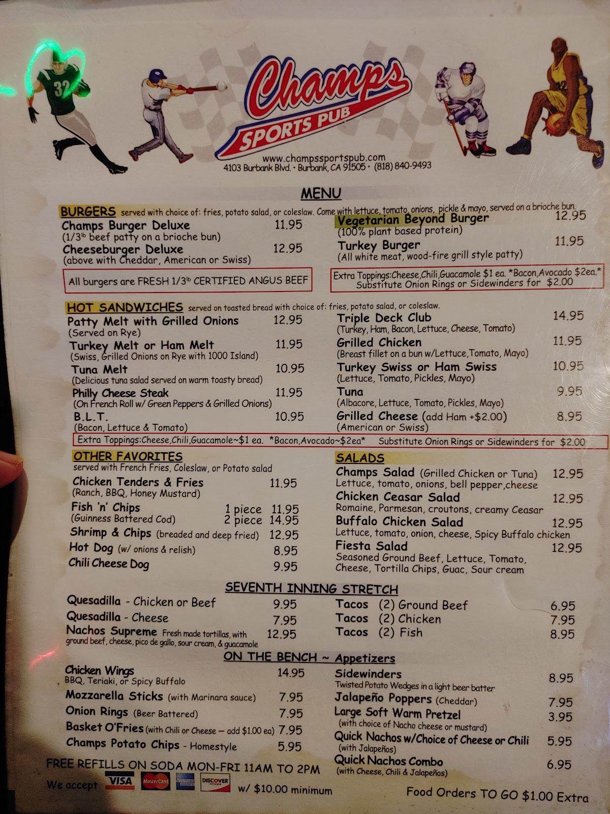 Menu at Champs Sports Pub, Burbank