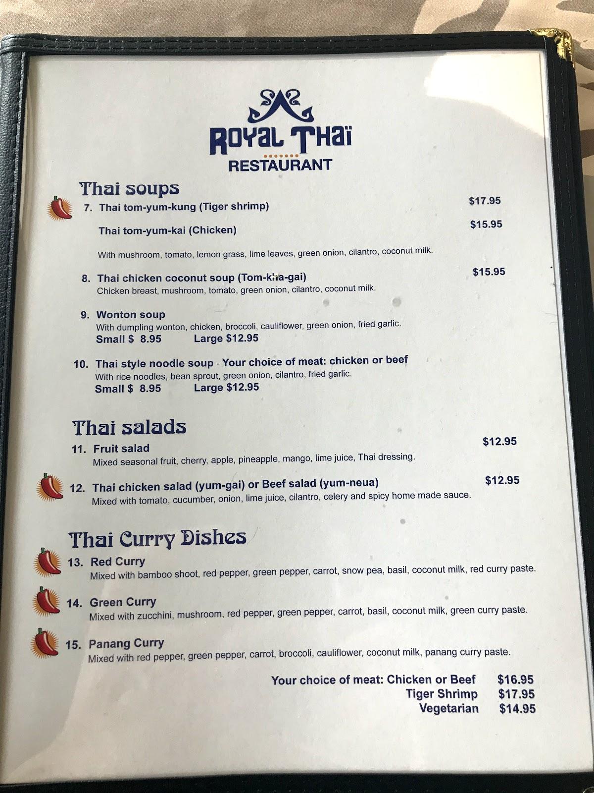 Menu at Royal Thai restaurant, Riverview