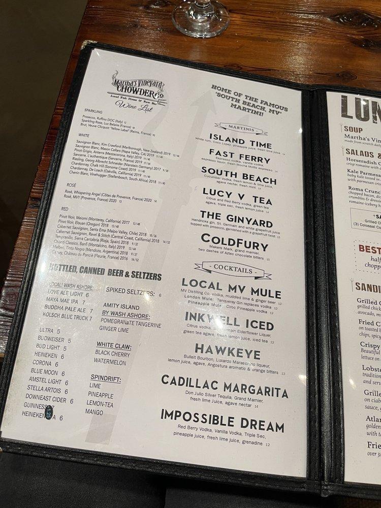 Menu at Marthas Vineyard Chowder Company restaurant, Oak Bluffs