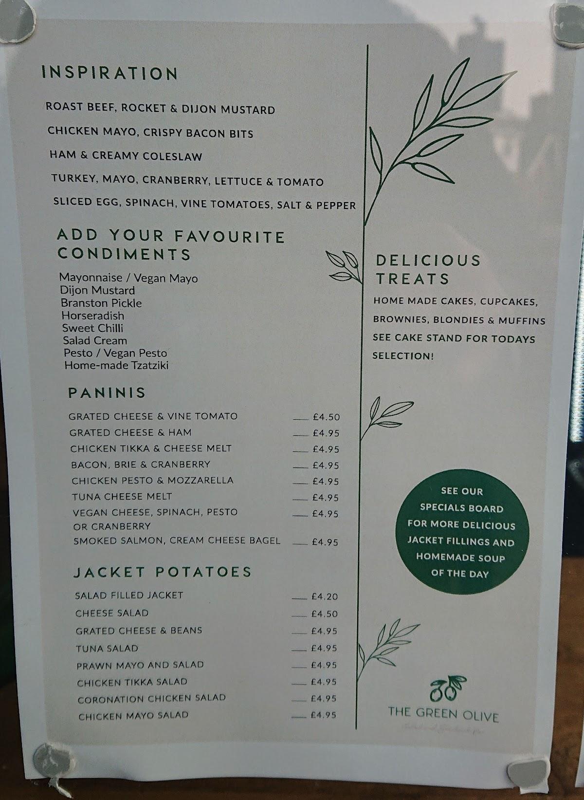 Menu at The Green Olive cafe, Porthcawl