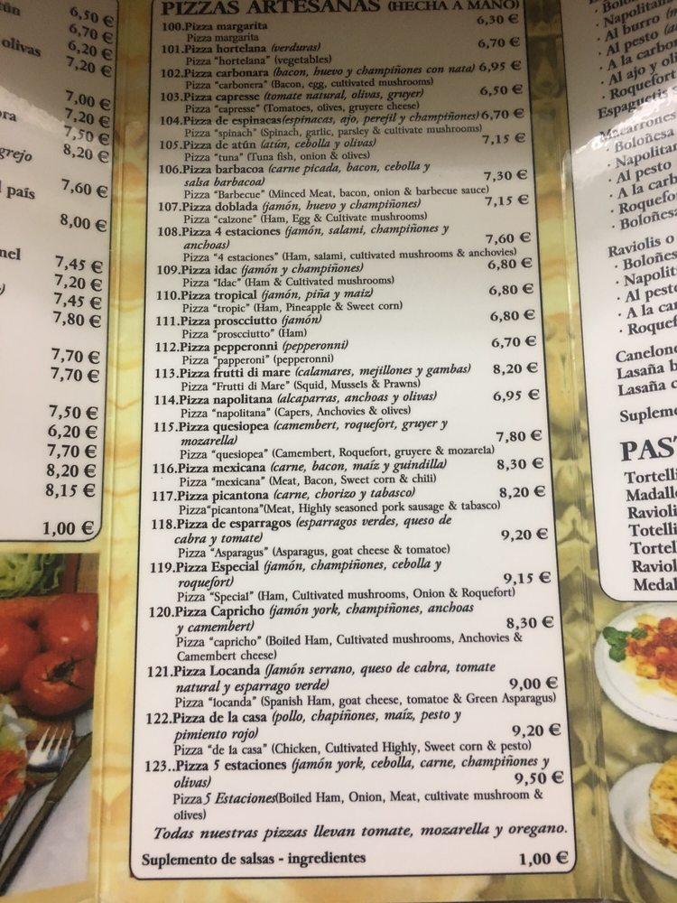 Menu at Pizzeria L'Antiga Locanda, Barcelona