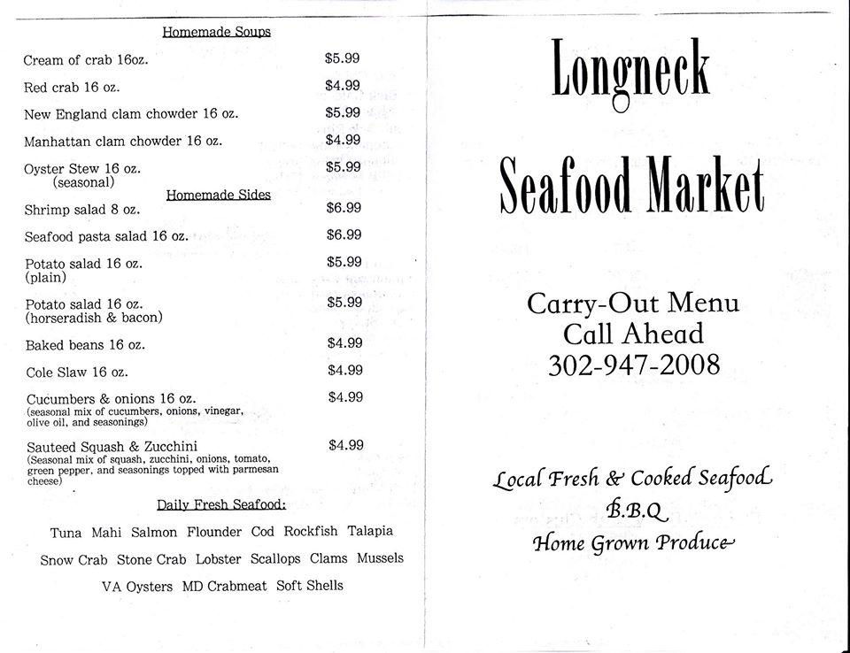 Menu at Longneck Seafood Market restaurant, Long Neck