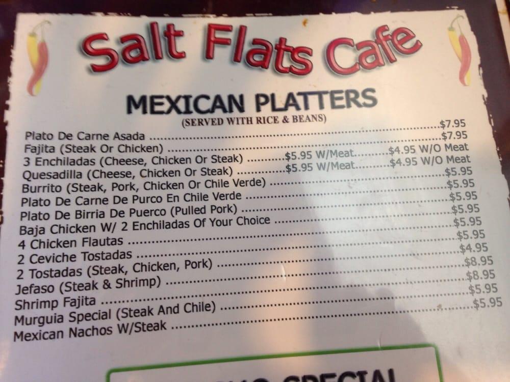 Menu at Salt Flats Cafe, Wendover, 85 Skyhawk Dr