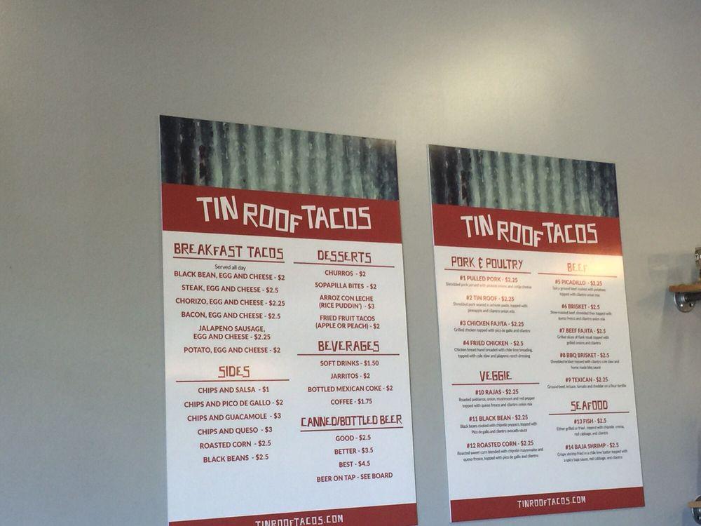 Menu at Tin Roof Tacos restaurant, Boise, 115 S Broadway Ave