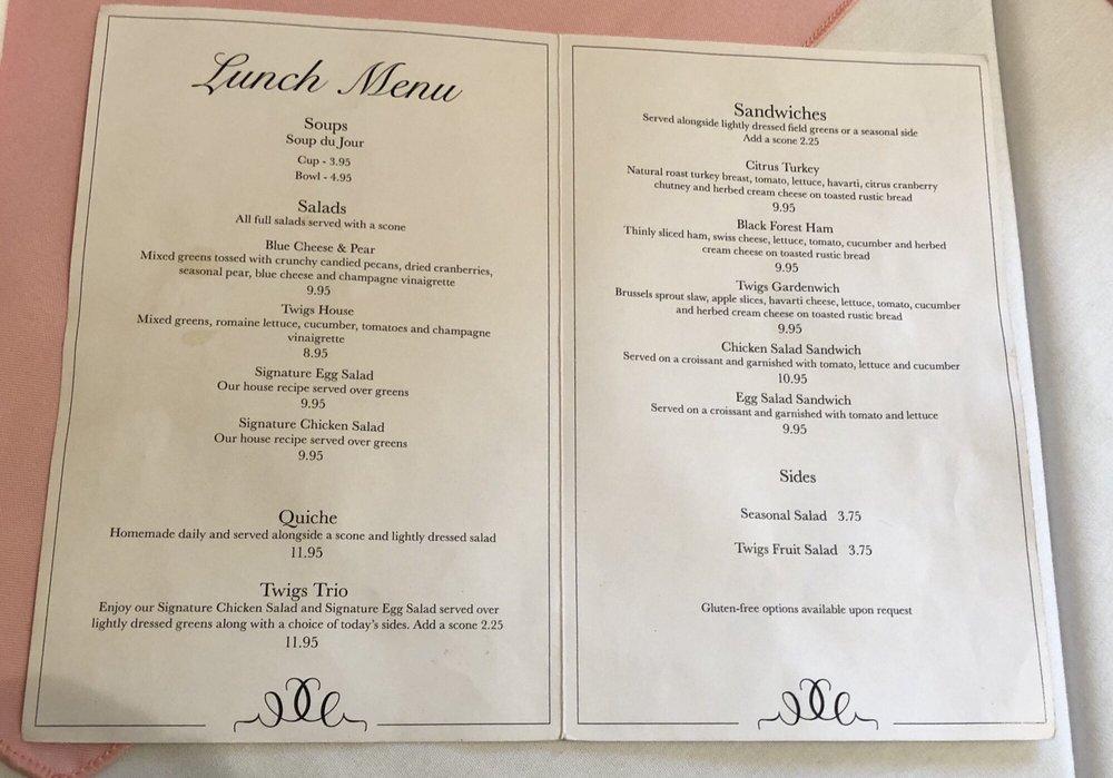 Menu at Twigs & Tea restaurant, Fishers