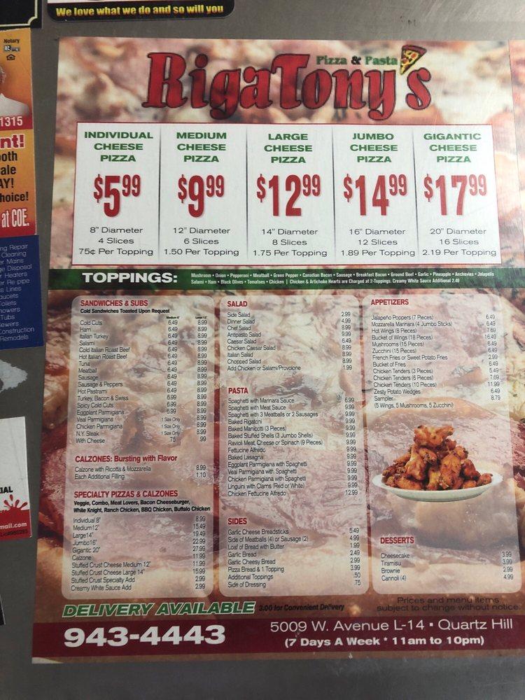Menu at RigaTony’s Pizza & Pasta pizzeria, Lancaster